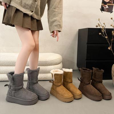 Бархатные ботинки на толстой подошве с увеличением высоты для женщин 2025 осень-зима новая утолщенная средняя труба две носки пряжка ремня теплые хлопковые туфли тренд