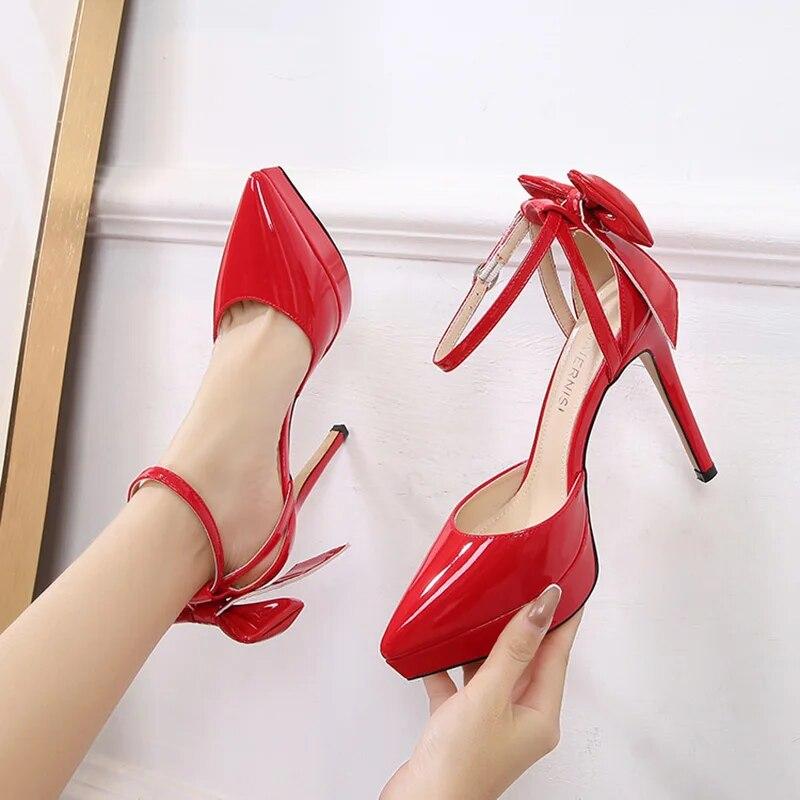 Женские сексуальные туфли-лодочки, женские туфли на шпильке, туфли-лодочки с острым носком, сексуальный бант, каблук 12 см, платформа 2,5 WZ