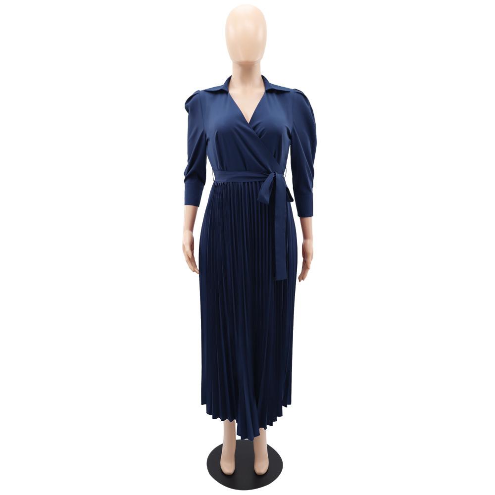Spring Summer Women's Long Sleeve Polo Neck High Waist Fashion Casual Pleated Dress