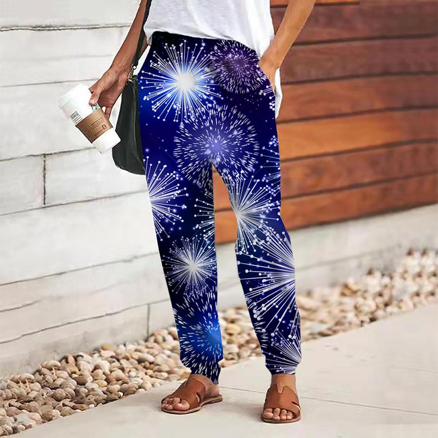 Women Fireworks Printing Pants Lace Up Elastic Waist Loose Trousers Casual Long Pants Trousers with Pockets