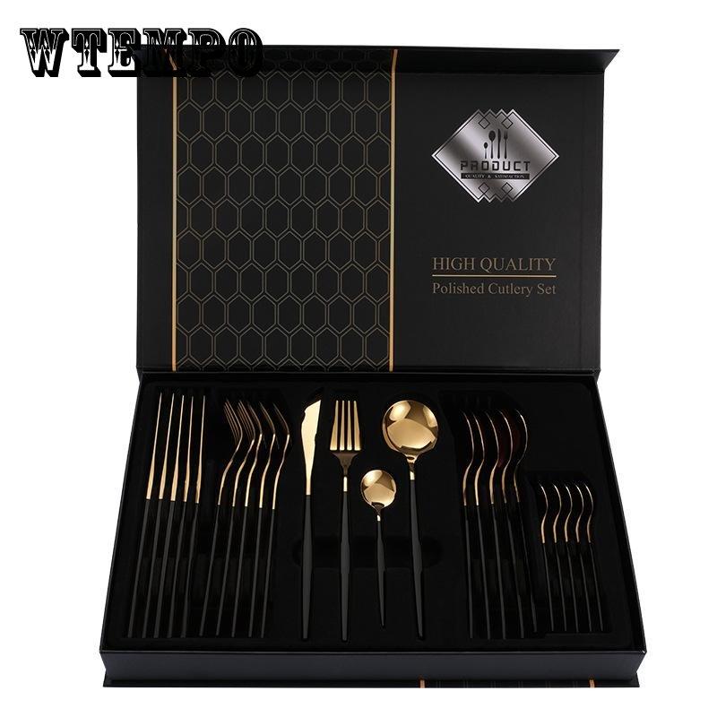 24Pcs Home Kitchen Tableware Stainless Steel Cutlery Set Dinnerware Forks Spoons Gold Plated Gift Box Set High Quality Polished Flatware Dinner Set