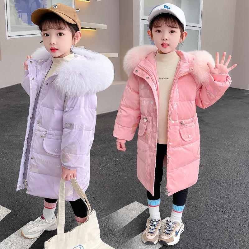 Children's Down Jacket Mid-length Shiny Winter New Style Fashionable Baby Girl Winter White Duck Down Jacket