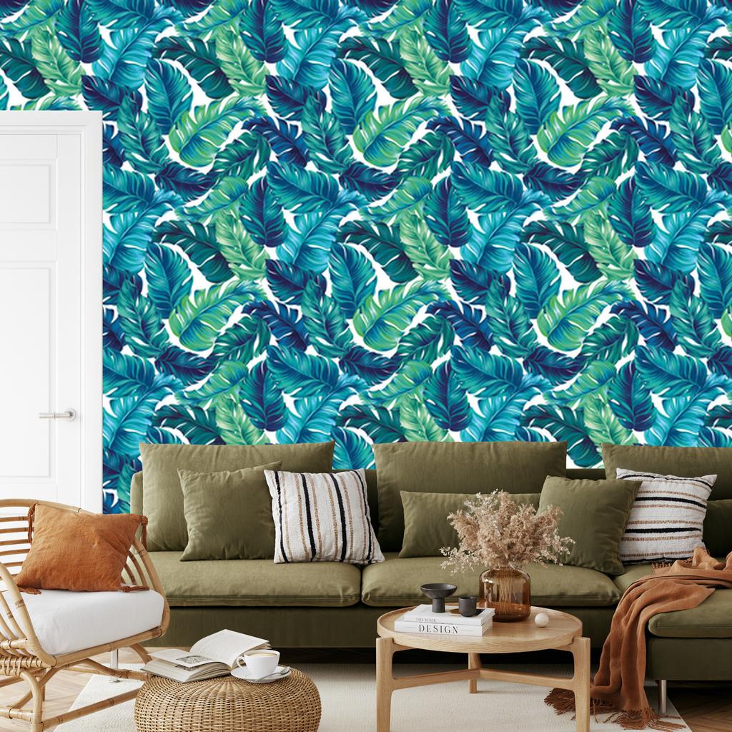 Beautiful turquoise tropical leaves wallpaper for living room and bedroom 50x1000