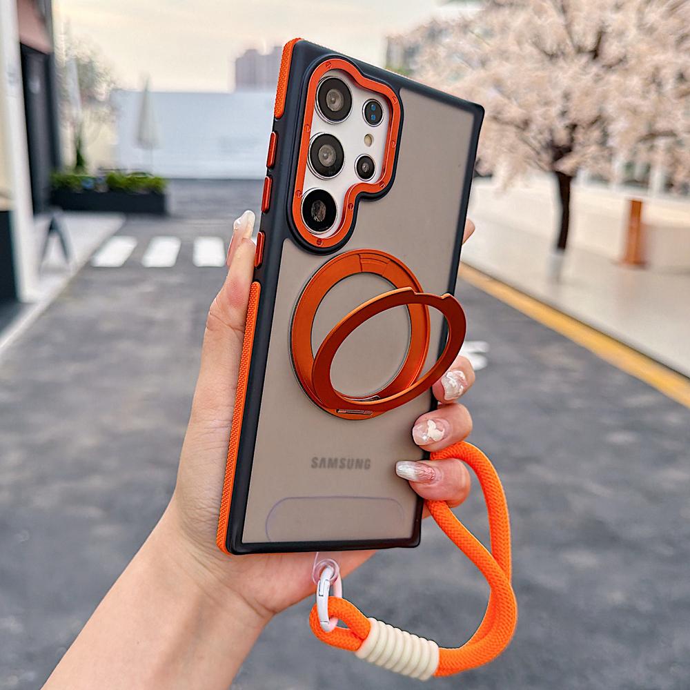 KEYSION Магнитный чехол для телефона с кольцом-подставкой 360° для Samsung Galaxy S23 S24 Ultra 5G S24+FE Матовый полупрозрачный с ремешком Ударопрочный чехол