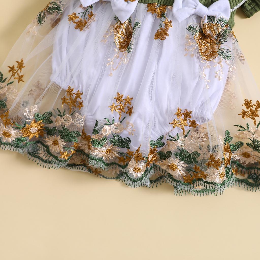 Infant Baby Girls Romper Dress Flower Embroidery Knit Rib Ruffles Crew Neck Jumpsuits Summer Bodysuits with Bow Headband