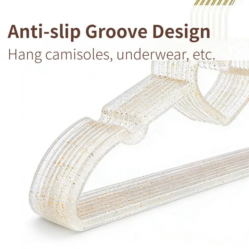 10-20Pcs Acrylic Glitter Hangers Cute Heart-Shaped No-Trace Clothing Rack with Non-slip Notch for Girls Clear Clothes Organizer