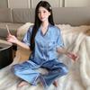 Женские пижамы, комплекты для отдыха, лето, осень, пижамный комплект с отложным воротником, искусственный шелк, атлас, топы с короткими рукавами и длинные брюки, женская пижама, домашняя одежда