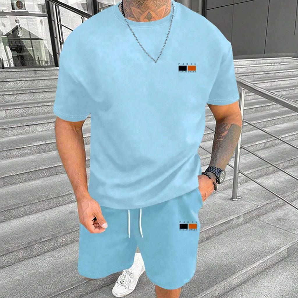 Новый летний спортивный костюм для мужчин однотонный Париж футболка с коротким рукавом шорты комплект из 2 предметов оверсайз повседневный костюм мужская одежда