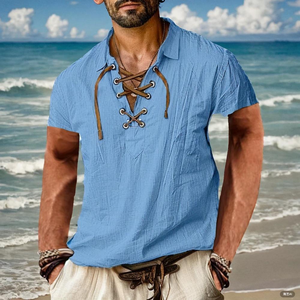 Летняя мужская рубашка из 100% хлопка и льна, однотонная, со шнуровкой и отложным воротником, льняная рубашка сверху