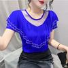 New Chic Summer Elegant Women T-Shirt Clothes Sexy Luxury Shiny Diamonds Tops Short Sleeved Ruffles Mesh Tees Blusas