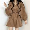 Осенние вельветовые платья с поясом, женские корейские элегантные платья с рукавами-фонариками, повседневные мини-платья в стиле Харадзюку, элегантные однотонные платья для всех случаев