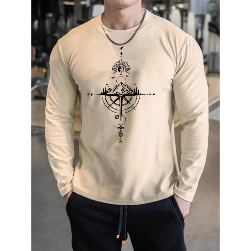 Футболка с длинным рукавом, круглым вырезом и принтом горного компаса для спорта и отдыха, 100% чистый хлопок, свободного кроя, удобная