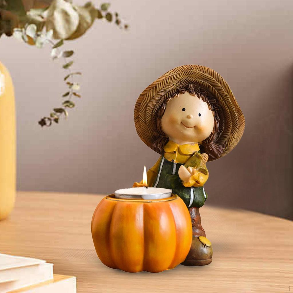 Autumn Harvest Girl Resin Figurine Candlestick Height 13.5cm Handmade Home Decoration