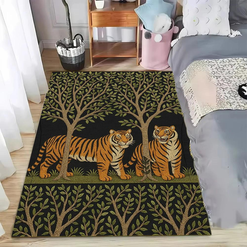 Chinese Style Tiger Printed Floor Mat Plant Flowers Tiger Carpet Soft Floor Mat Living Room Entrance Carpet