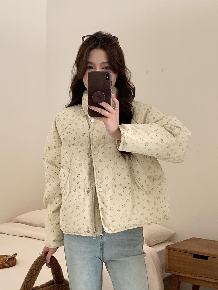 Милая маленькая цветочная куртка-стойка с воротником-стойкой, женская, 2024, новая свободная куртка-хлеб, короткая куртка