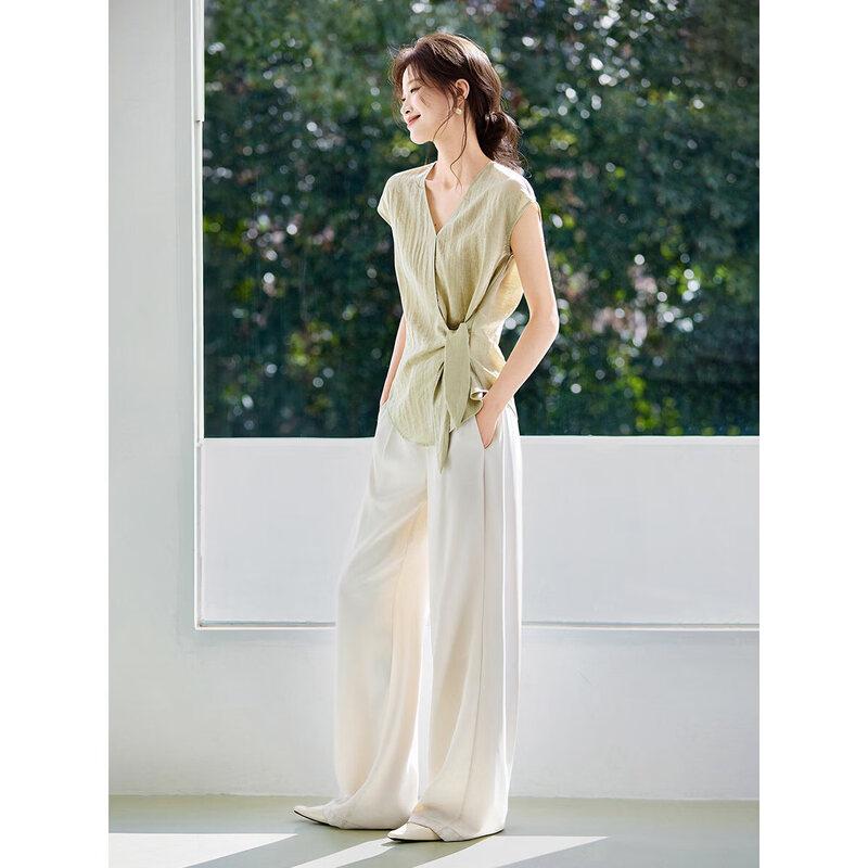 Linen Blend V-Neck Tie-Waist Cap Sleeve Blouse