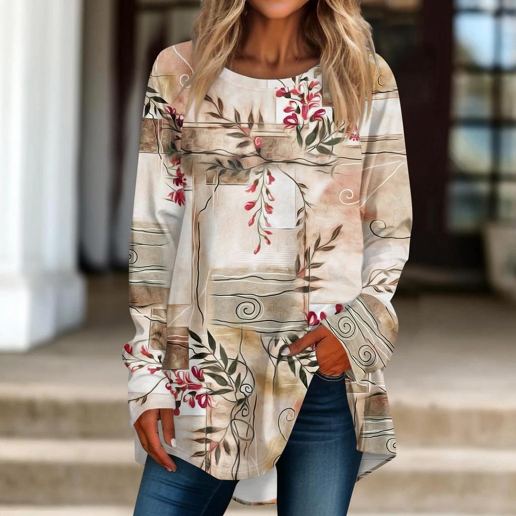 Женская повседневная футболка больших размеров с длинными рукавами и круглым принтом, верхний пуловер