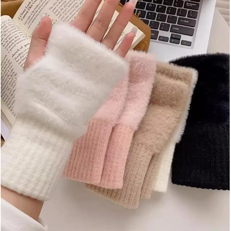 Мягкие зимние перчатки с половиной пальцев женские теплые роскошные однотонные белые плюшевые вязаные перчатки без пальцев варежки для письма