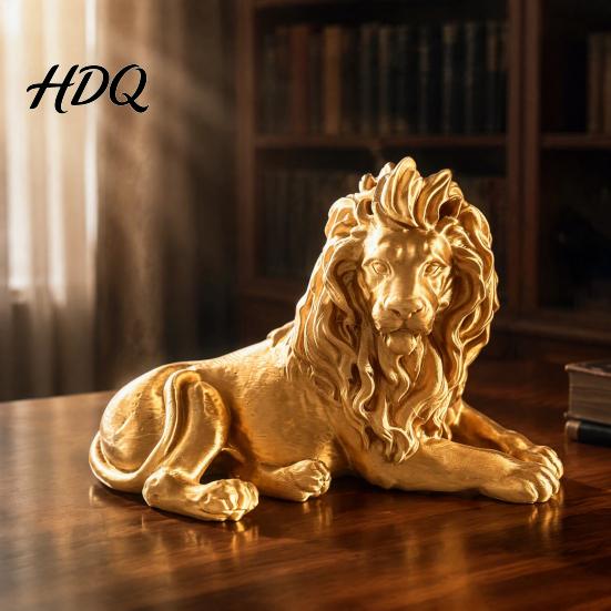 Компактная статуэтка животного, Золотой лежащий лев, Фигурка из смолы, 3D-печатная лежащая статуэтка, Скульптура для офисного стола, книжной полки, винного шкафа, столешницы