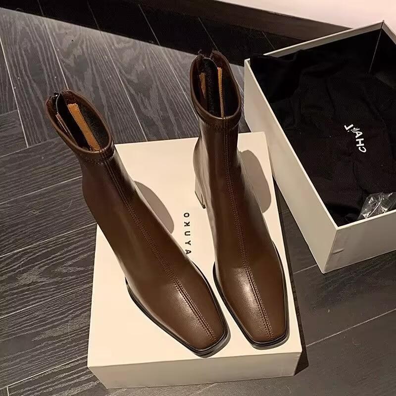 Square Toe Women Ankle Boots Elegant High Heels Leather Shoes Woman Winter 2025 Trend Party Office Shoes Fad Chunky Botas Mujer