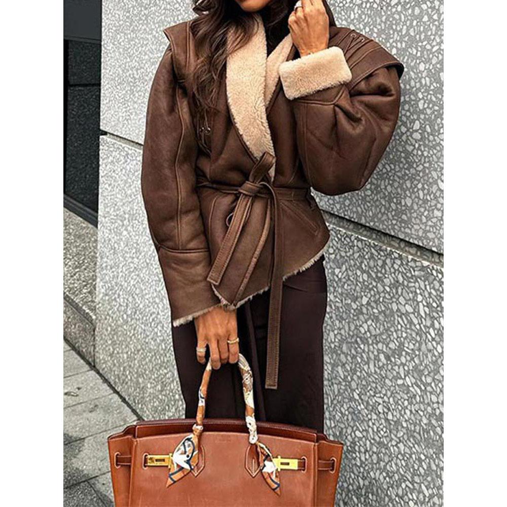 Элегантная куртка из искусственной кожи в стиле пэчворк с поясом, женская модная куртка с длинными рукавами и завязками, женская плотная уличная верхняя одежда