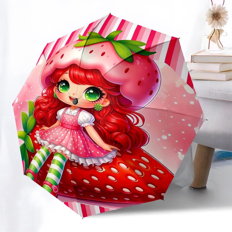 Strawberry Girl Themed Automatic Opening and Closing Umbrella, Compact Travel Umbrella, Lightweight and Portable, Suitable for Beach Commuti