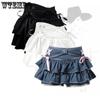 Girl's Gothic Blue Black White Short Denim Pleated Skirts Women's Hottie A-line Mini Jeans Skirts Streetwear