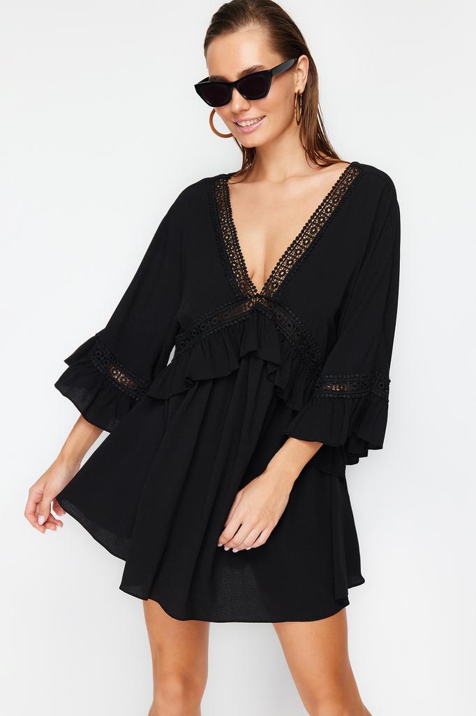 Women's Fashion New Dress Black Mini Woven Ribbon Accessories Beach Dress