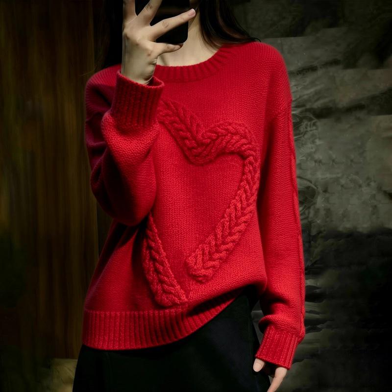 Red Heart Women's 100% Wool Heavy Cable Knit Round Neck Sweater - Thick and Loose, New Year Red, Autumn/Winter.