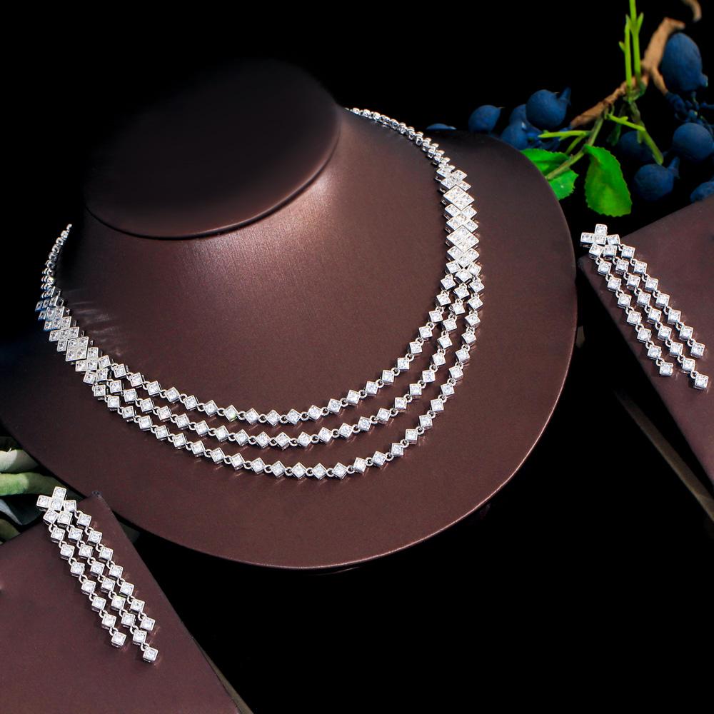 CMM Bling Белый Цирконий Серебристого Цвета 3-слойное Свадебное Платье, Ожерелье и Серьги, Комплекты Ювелирных Изделий