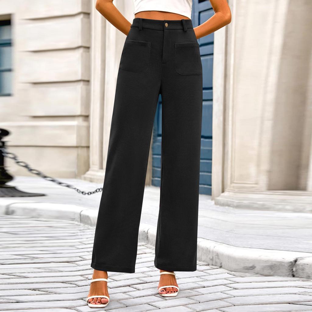 Women's Casual Wide-leg Stretch High-waisted Button-down Wide-leg Pants Working Straight-leg Pants With Pocket Pants