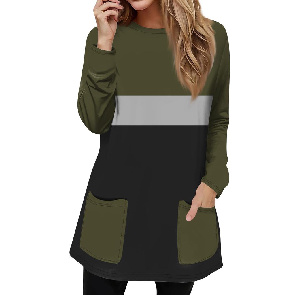 Женская мода повседневный свитер футболка с круглым вырезом карман полосатый пэчворк принтованный топ с длинным рукавом