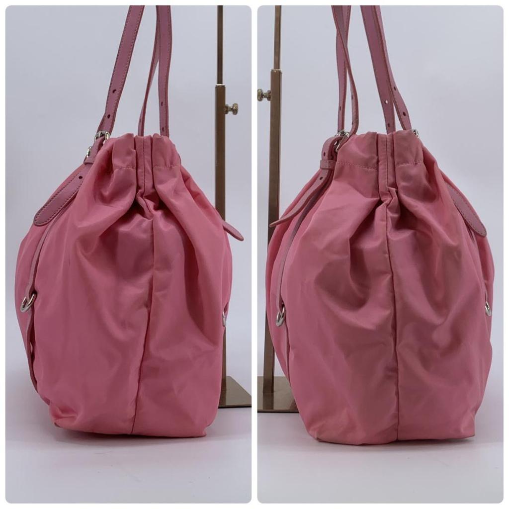 PRADA Pocono Tessuto Nylon Ribbon Hand Tote Bag One Shoulder Strap Leather Pink Silver Hardware Triangle Logo Plate