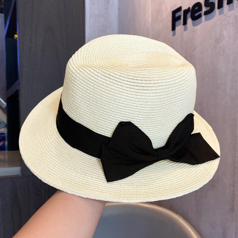 French flat-top seaside vacation straw hat women's spring summer big brim sun hat elegant bow decorative sun hat