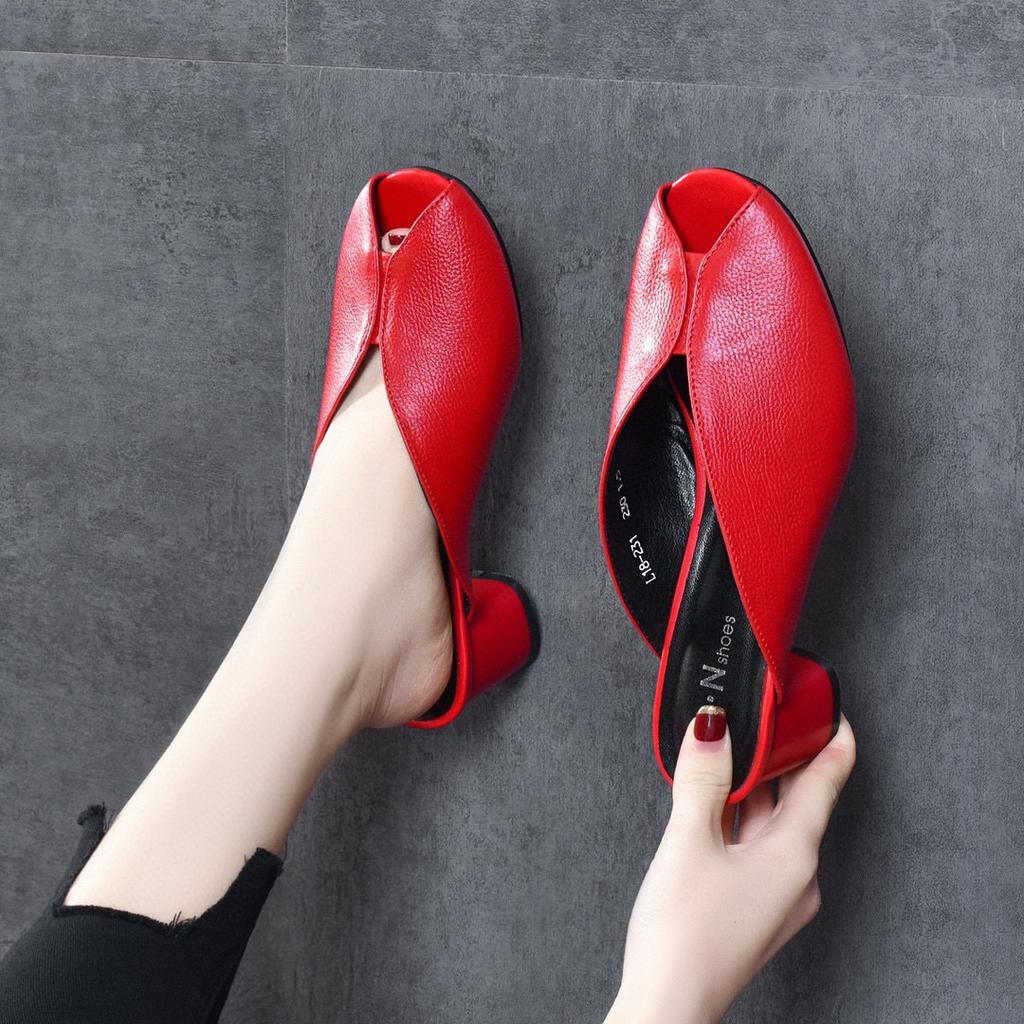 Женские туфли-шлепанцы на высоком каблуке 2025 лето европейский и американский стиль первый слой коровьей кожи с открытым носком толстый каблук сандалии женская мода