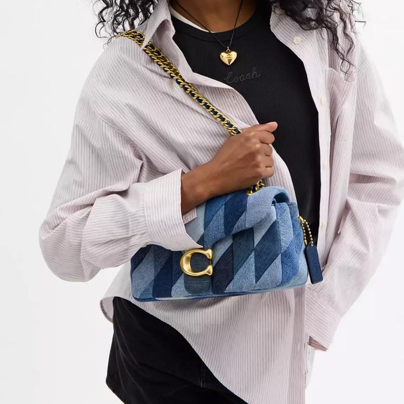 Coach Tabby 26 Patchwork Quilted Denim Shoulder Bag Medium Women shoulder bag Brass Blue CAM91-B4EI