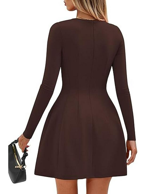 European and American Slim-Fit Wide-Hemmed Dress: Solid Color, Long Sleeve, Round Neck for Commuting Versatility