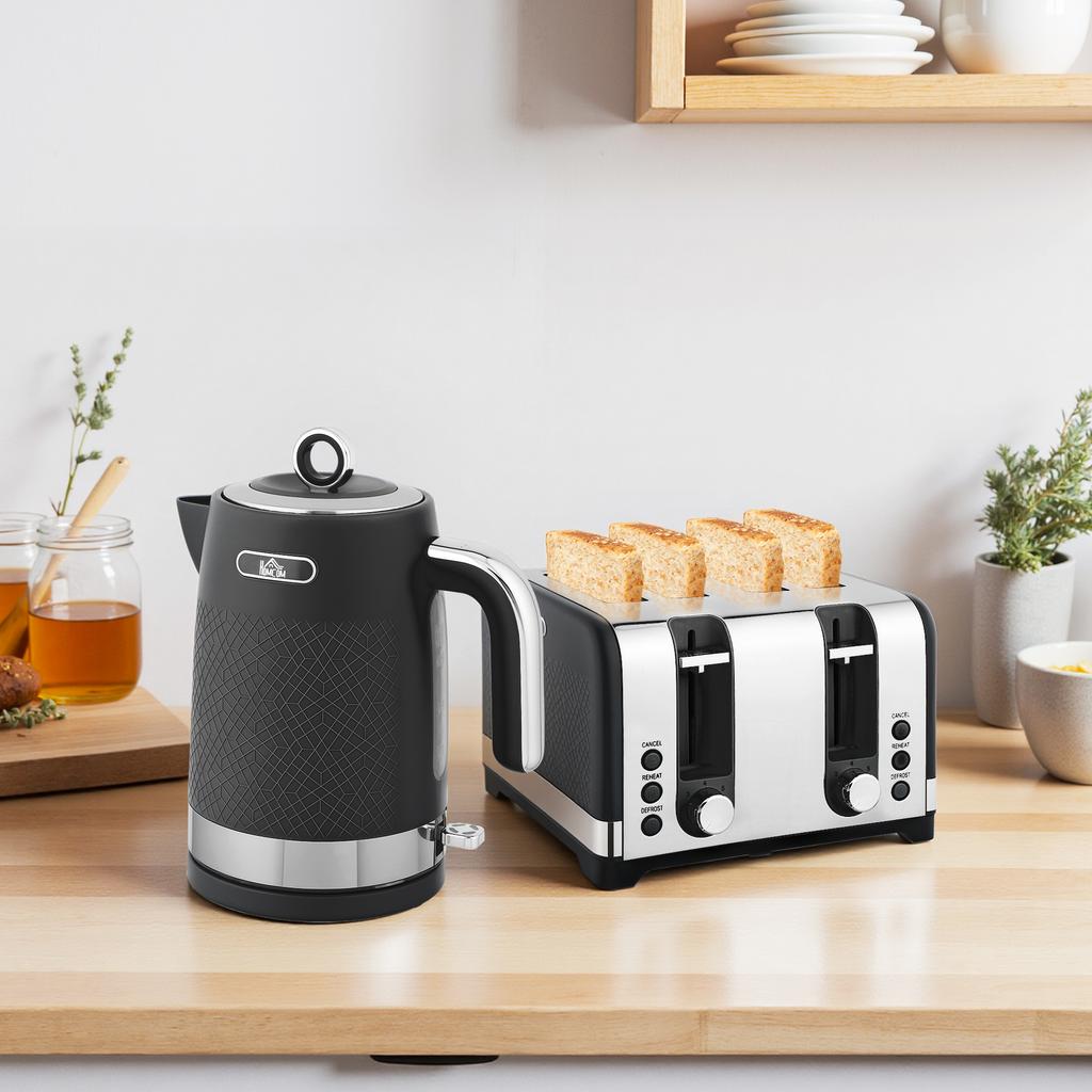 Sleek Textured Kettle and Four-Slice Toaster Set - Black