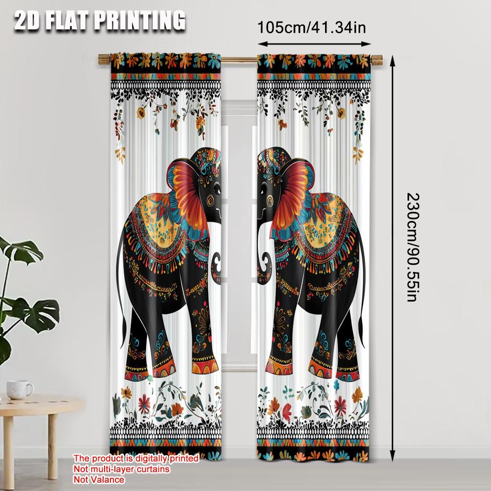 2pcs, Curtains&Drapes 2D print Two Elephant1 Versatile Polyester Fabric (without rod) Stuff Clearance Use for Living Room &