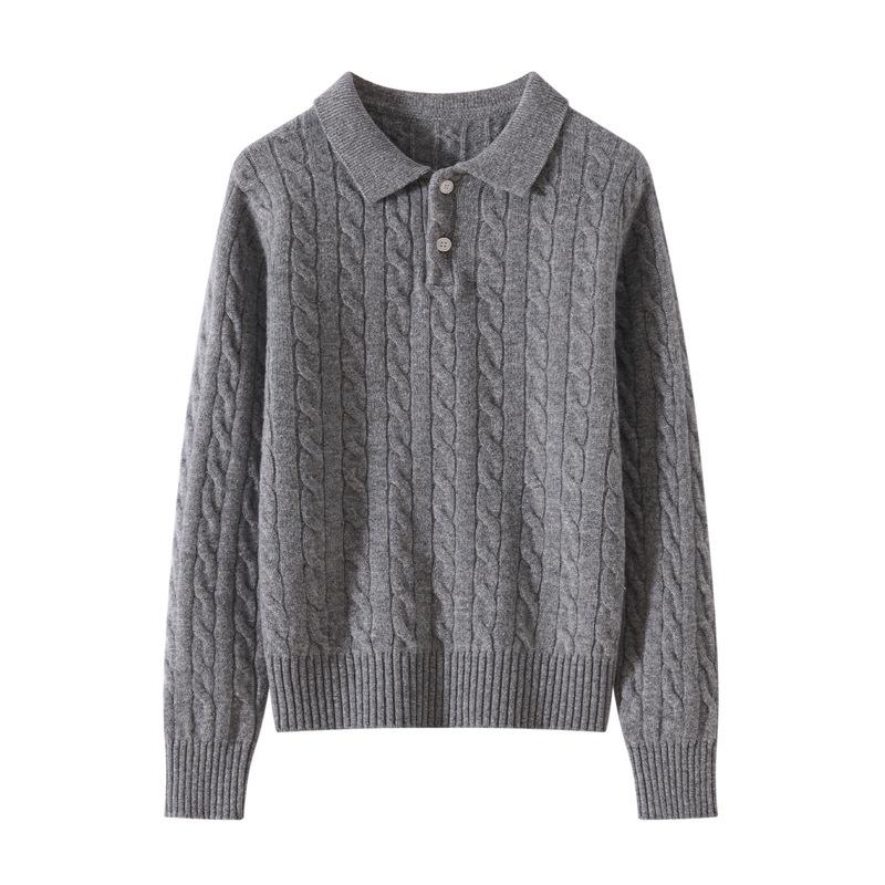 Women's Wool Polo Collar Cable Knit Sweater - Double Strand, Thickened, Loose Fit Base Layer