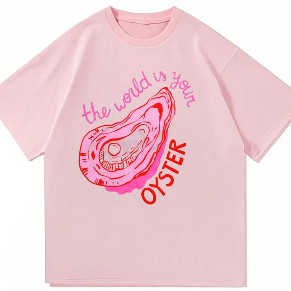 The World Is Your Oyster Pink Oyster Shell Print Tees Retro Coastal Vacation Oversized Cotton Unisex T Shirt