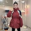 Skinny waist thickened cotton clothes, autumn and winter medium and long large pockets splicing color hooded jacket cotton-padded clothes
