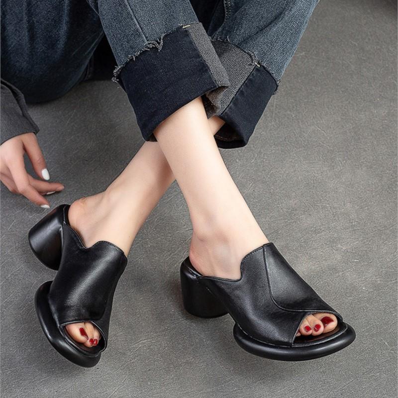 Johnature Тапочки с открытым носком, однотонная винтажная удобная женская обувь на высоком каблуке из натуральной кожи, простая женская обувь