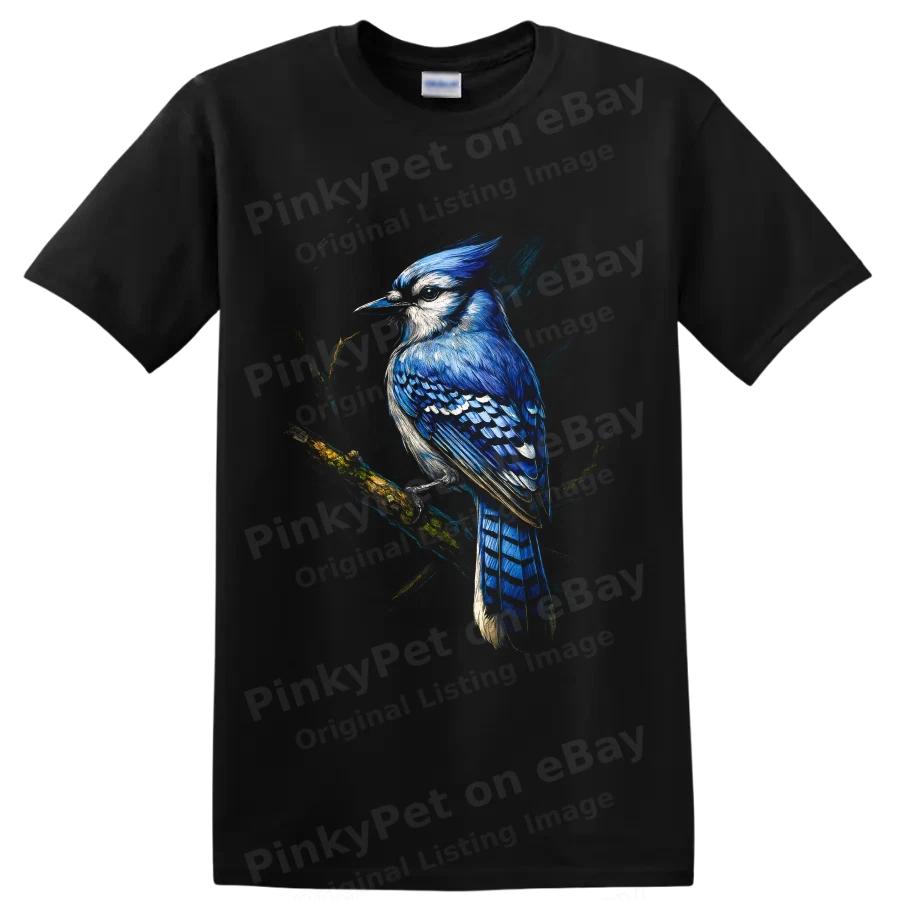 Blue Jay Bird T Shirt Woodland Perched Branch Nature Art Graphic Tee Gift Fan