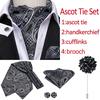 Ascot Ties for Men Black White Paisley Tie Handkerchief Cufflinks Brooch