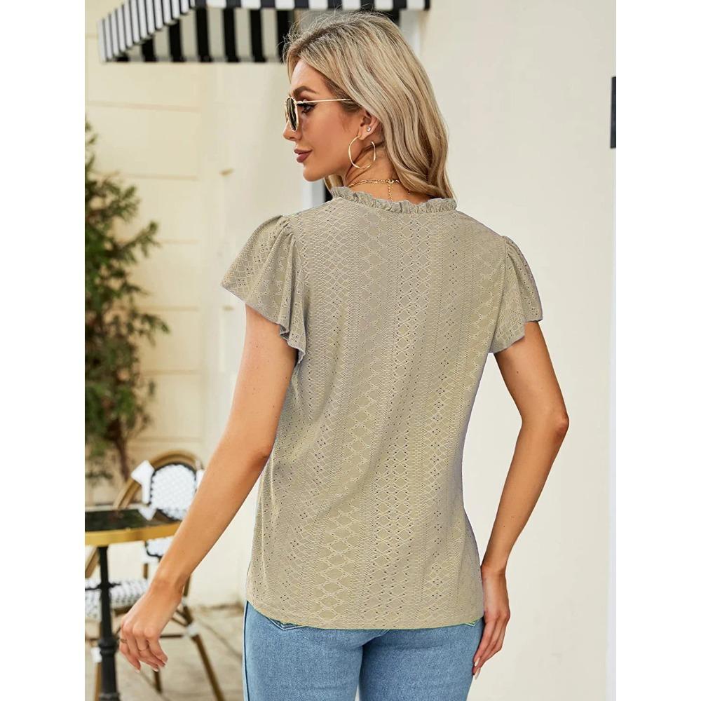 GMXIA Spring Summer Jacquard V-neck Pile Sleeve Short Sleeve T-shirt Top for Women