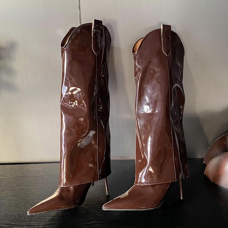 Модные зимние женские ботфорты Eilyken из лакированной кожи с острым носком, сексуальные на тонком высоком каблуке, для выпускного вечера