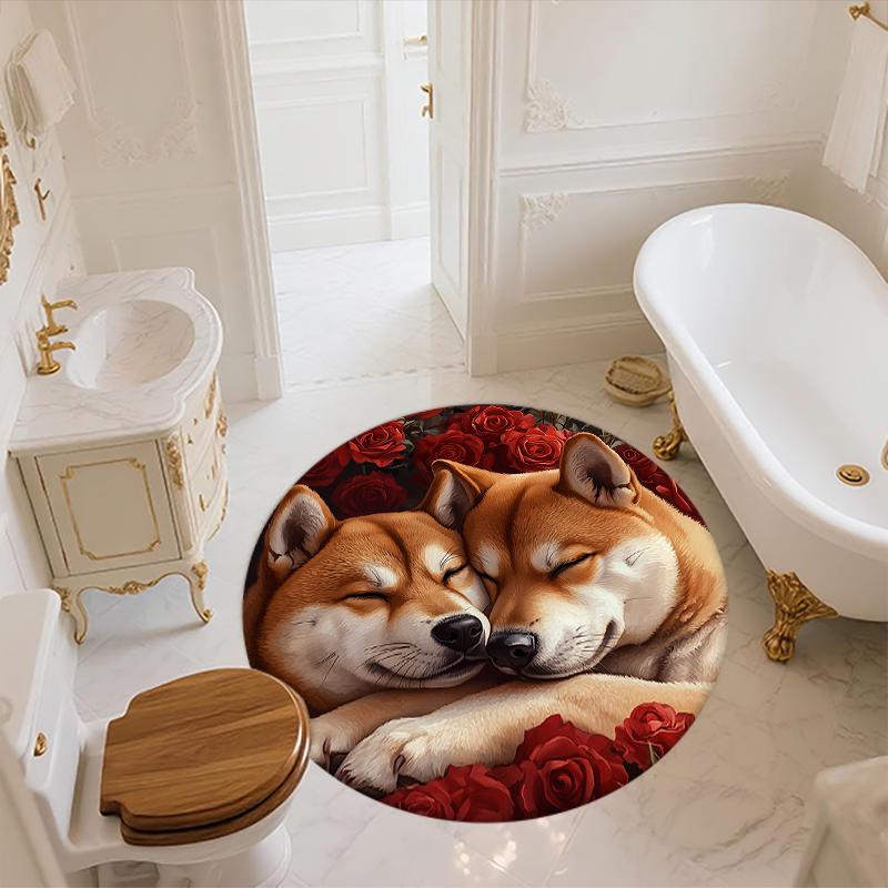 Shiba Inu and rose pattern round rug,Carpet Rug for Living Room Bedroom Playroom ,Non-slip Floor Mat,Holiday Gifts and Birthday Gifts.
