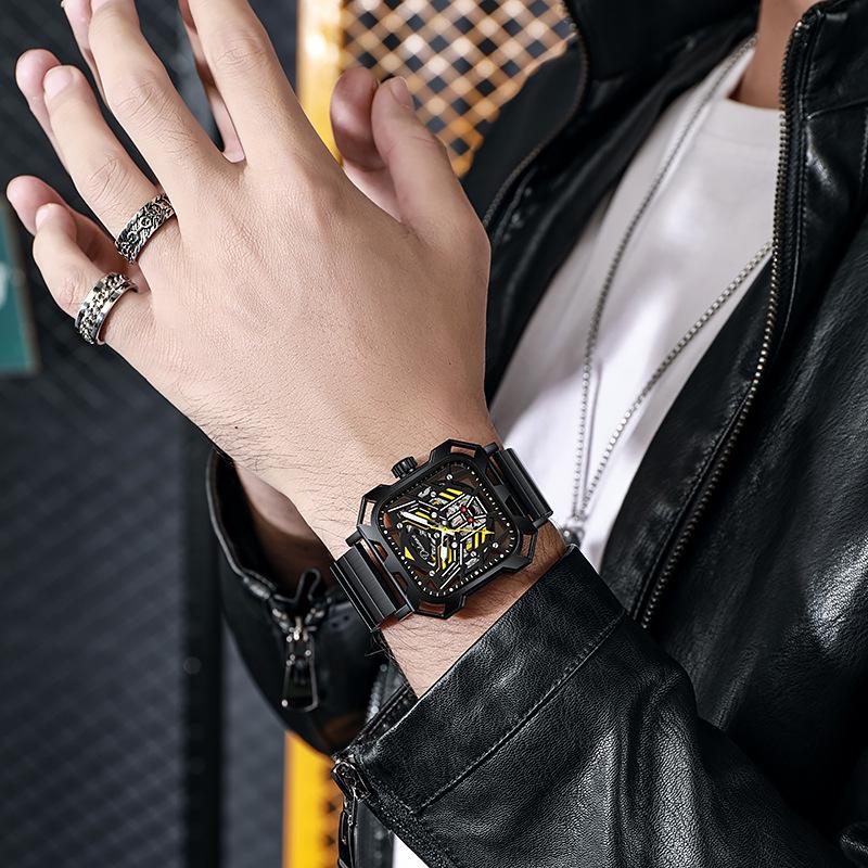 Новая концепция трехмерных квадратных циферблатов с полым циферблатом, мужские прохладные ночные светящиеся водонепроницаемые автоматические механические часы из нержавеющей стали