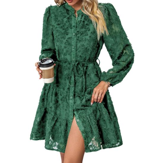 Fall Spring Women Dress Round Neck Lace Applique Long Sleeves Button-down Lace-up Strap Slim Waist A-line Big Hem Dating Party Midi Dress